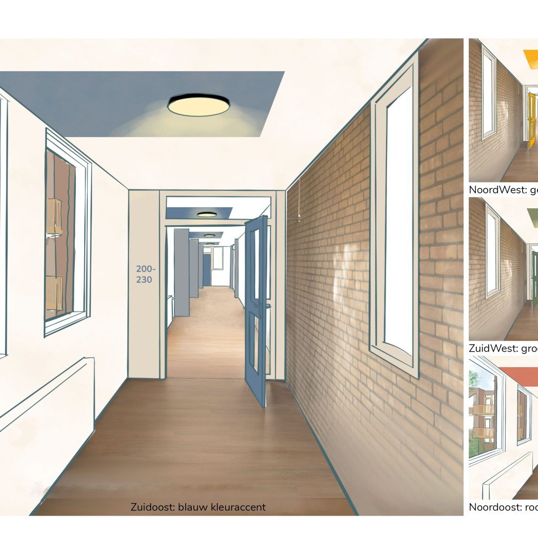 Asymmetrische kleurvlakken helpen bij de oriëntatie door het gebouw. Open Kaart