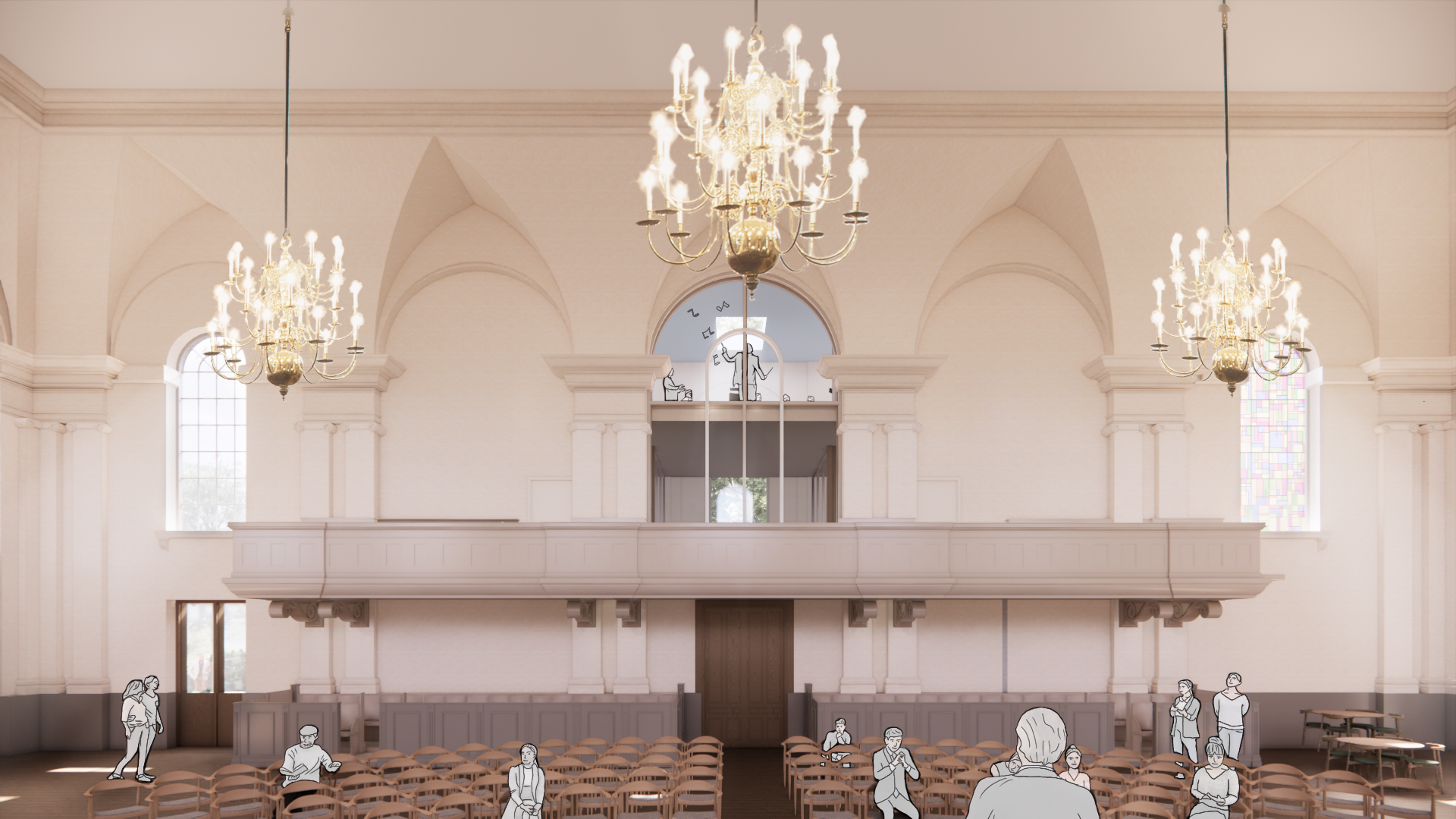 Kerkzaal met nieuw raam