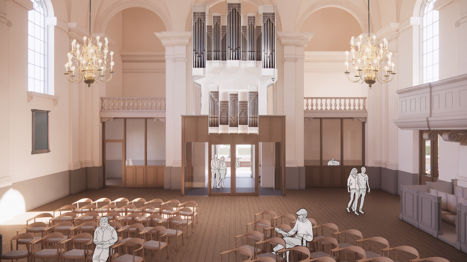 Hoofdentree onder het orgel met kamerschermen voor het bereiken van nevenruimtes