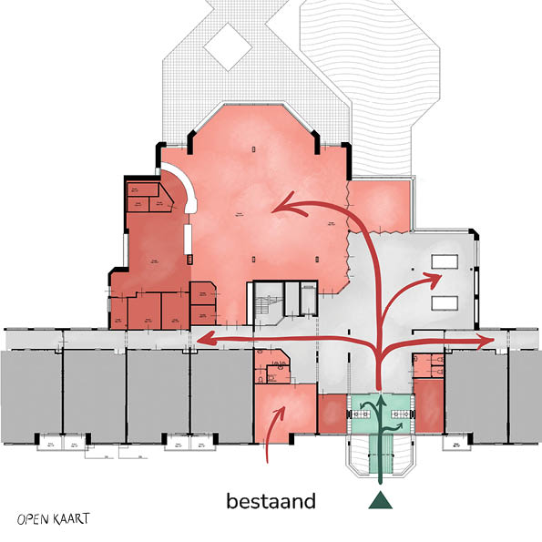 Bestaande situatie IJsselburgh: voorzieningen zijn onbereikbaar voor bezoekers. Eenmaal binnen kun je alle gangen door.