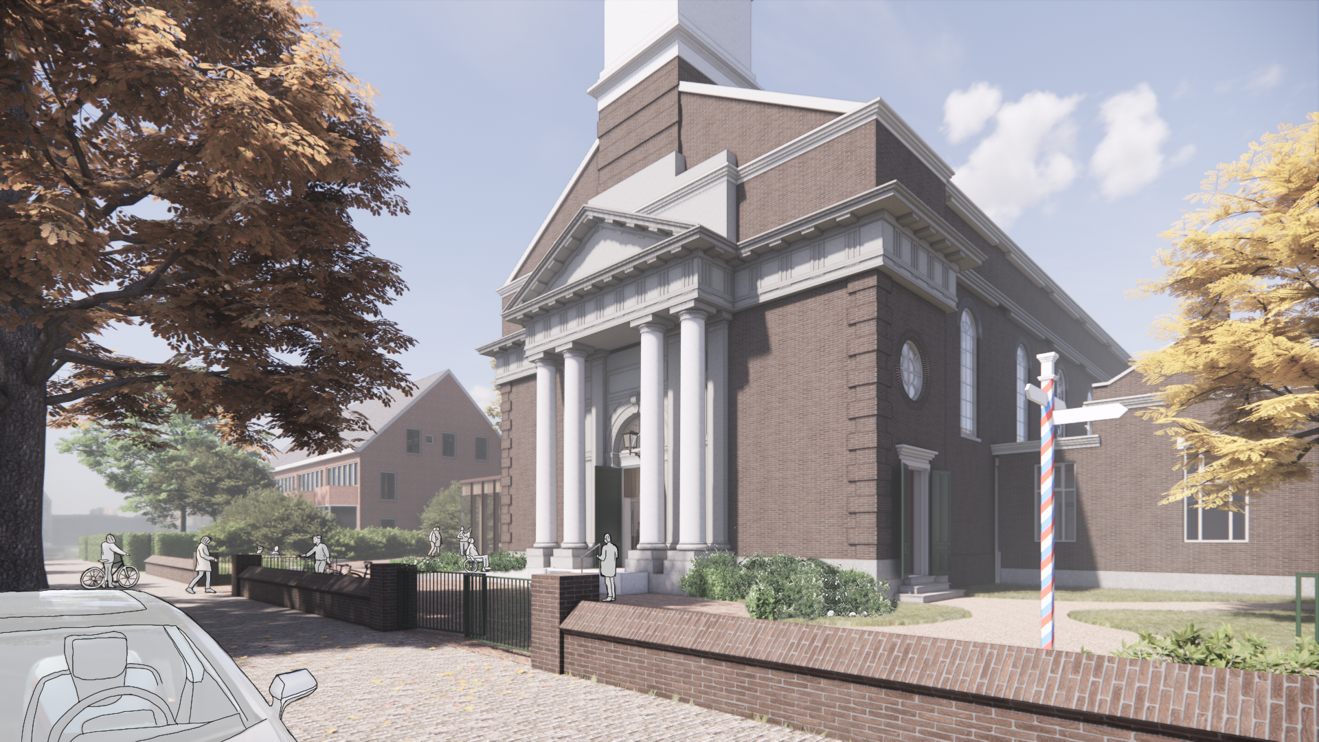 De monumentale Hoflaankerk met links de nieuwe tuinkamer